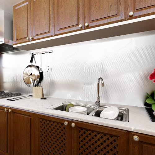Image of SIA VENDORS Kitchen Waterproof Oil Proof Aluminum Foil Sticker, Silver Chequer Peel and Stick Wallpaper Removable and Self Adhesive Paper for Kitchen Countertops Cabinet (3D Silver, 24 x 100 Inch)