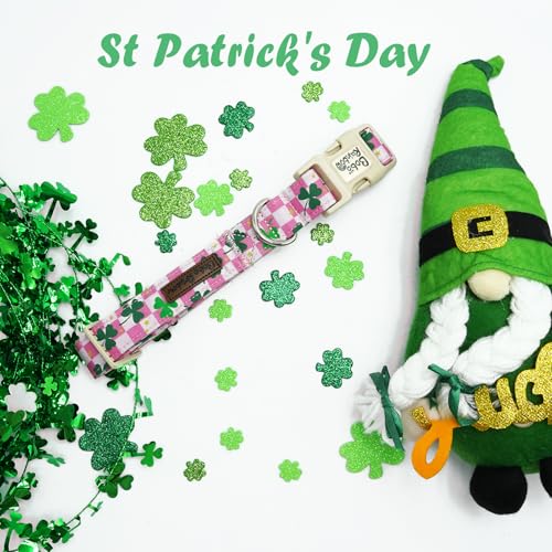 Image of St Patrick's Pink Plaid Trefoil Dog Collar for Medium Dogs | Daily Walks,Irish Parade,Spring Picnic Hiking,Adjustable,Cotton Fabric,Quick Release Plastic Buckle,Pendant,Female /Male Dog