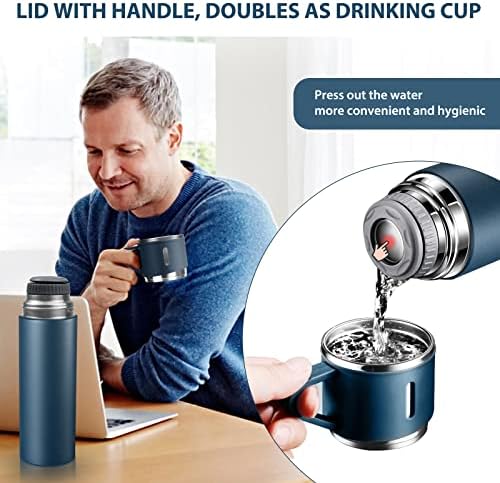 Stainless Steel Water Bottle, Insulated Travel Mug with Leakproof Cup Lid & Handle, 500ml Double Walled Vacuum Flask, Coffee Cup Drink Bottle Keep 12h Hot & Cold for Gym Home Office Outdoor, Blue