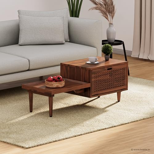Image of KOVA Solid Sheesham Wood Coffee Table & Centre Table for Living Room with Lift-Down Shutter Storage and Open Side Tray (Wavy, Honey Finish)