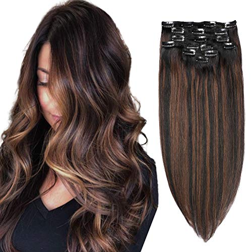 Highlights Human Hair Extensions on Black Hair 100grams 14 Inch Straight Remy Clip in Hair Extensions Natural Black to Brown Balayage Hair Extensions for Women