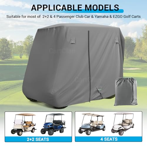 CartClan 600D Universal Waterproof Windproof Golf Cart Cover with Storage Bag, Suitable for Most 2+2/4 Passenger Club Car, EZGO, Yamaha Golf Carts, Grey