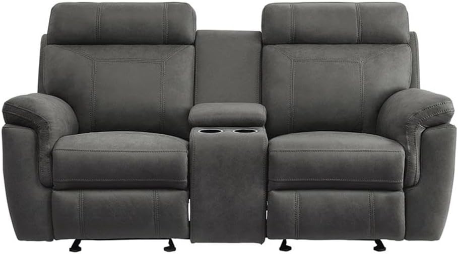 Pemberly Row Microfiber 2-Piece Manual Reclining Sofa Set, Gray Polished Finish, Dual Recliner with Console & Cup Holders, High-Density Foam, Solid Wood, Living Room Comfort