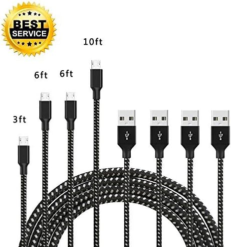 LEMONLU Android Charger Cable,4 Pack 3FT 6FT 6FT 10FT Extra Long Nylon Braided High Speed 2.0 USB to Micro USB Fast Charger Cable for Samsung Galaxy S9/S7/S6 Edge,Note 9,HTC,LG and More (Black White)
