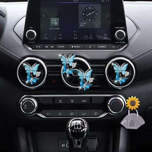 Image of 4 Pcs Butterfly Air Vent Clips, Car Vent Clips Dual Butterfly Air Vent Freshener Clip Decoration, Car Interior Decor Bling Cute Accessories Car Decoration for Women + Sunflower Mask Hook (Blue, 4)