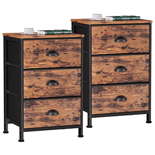 Furologee Set Of 2 Nightstand With 3 Fabric Drawers, Tall End Table, Bedside Table For Storage, Small Dresser For Bedroom, Wooden Top For Living Room/Bedroom/Closet, Rustic Brown #TOP20