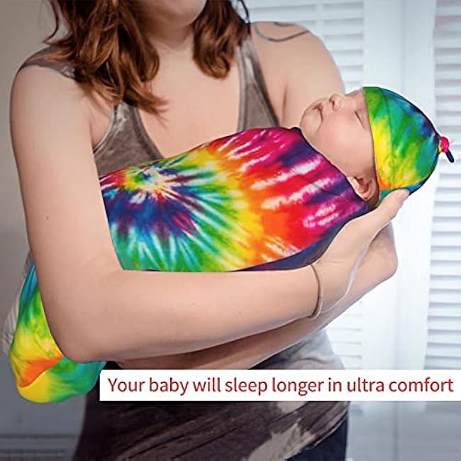 Tie Dye Colorful Rainbow Newborn Swaddle Blankets Beanie Hat Sets Soft and Stretchy Baby Blanket Swaddle Sack for Baby Shower Infant Boy and Girl