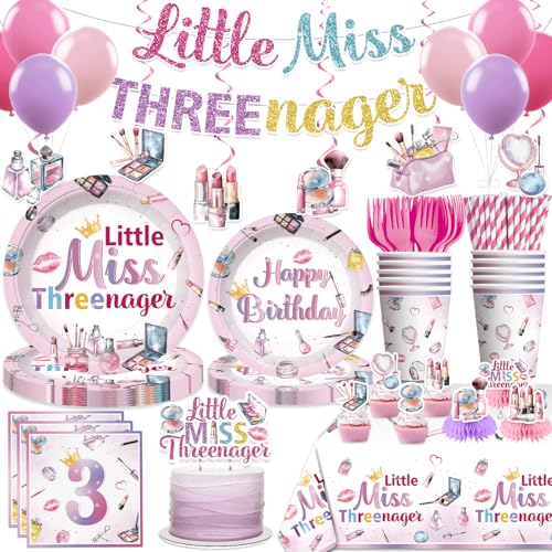 Threenager Birthday Decorations Girl Makeup Spa 3rd Birthday Plates and Napkins Set with 2 Pcs Tablecloth Little Miss Threenager Banner Cake Decorations for 3 Year Old Girl