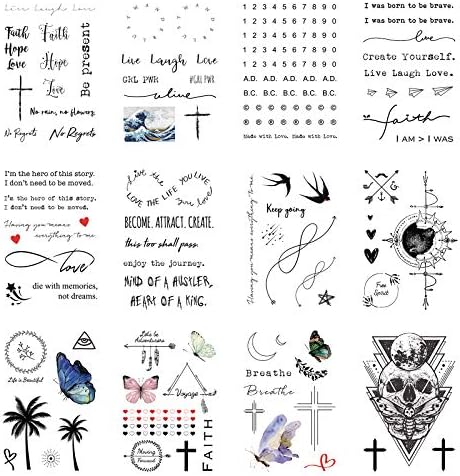 Everjoy Realistic Temporary Tattoos 100+ Designs, 16 Sheets, Inspirational Quotes, Live Laugh Love, Faith, Hope, Breathe, Boho, Butterfly, Heart, Cross, Infinity Tattoos