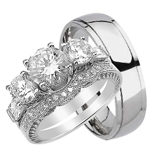 His and Hers Wedding Rings Set Her Sterling Silver Titanium Band for Him