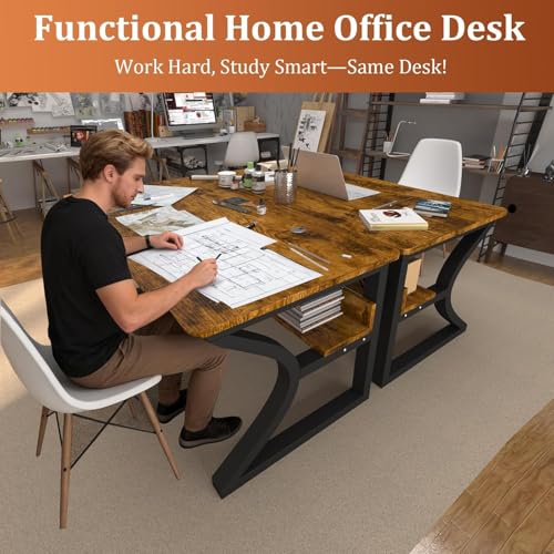Image of 55 inch Computer Desk, Home Office Desk with Storage Shelf, Sturdy U-Shaped Metal Frame Study Table with Cable Management, Gaming Desk for Office & Bedroom