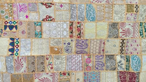 Image of Ekam Art Rajasthani Handmade Embroidery Patchwork Tapestry Cotton Wall Hanging Beaded Tapestries Room Decor 40 x 60 Inch (Yellow)