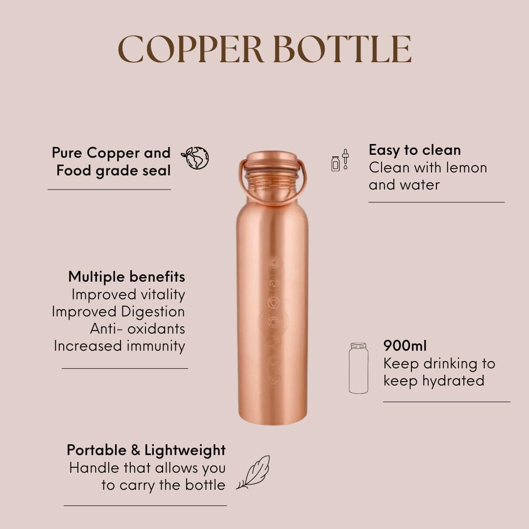 Shakti Warrior Chakra Tamba Copper Bottle - Pure Copper Water Bottle, Food Grade Silicone Seal, Leak Proof (30oz)