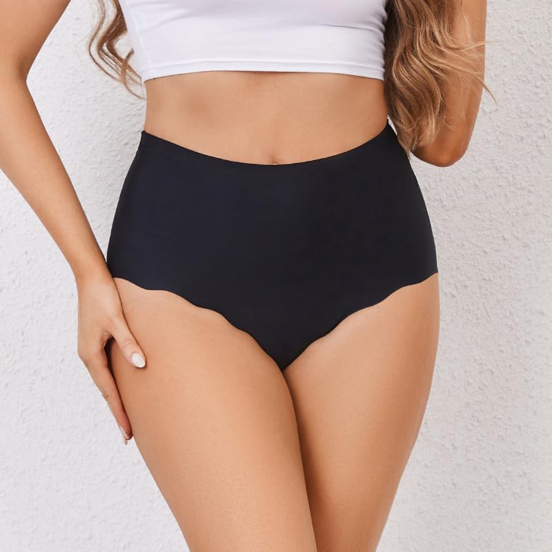 5PCS Soft Comfy Seams High Waist Thongs Solid & Scallop Edge Comfortable Tummy Control Panties (Y,XL)3