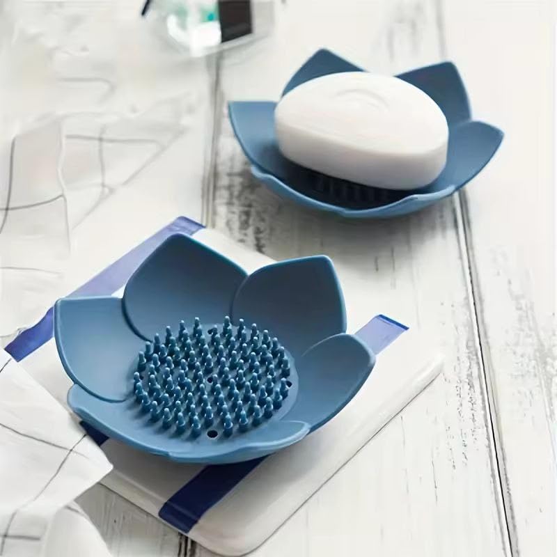 Image of 3 Pack Lotus Flowers Soap Dish Silicon Flexible Non-Slip Floral Trays with Drain for Bathroom Shower(Multicolour)