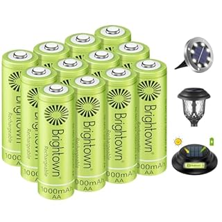 Brightown 12-Pack Rechargeable AA Batteries - 1000mAh 1.2V NiMH High Capacity Batteries - Ideal for Solar Lights & Home Devices, Recharge up to 1000x Times, Pre-Charged
