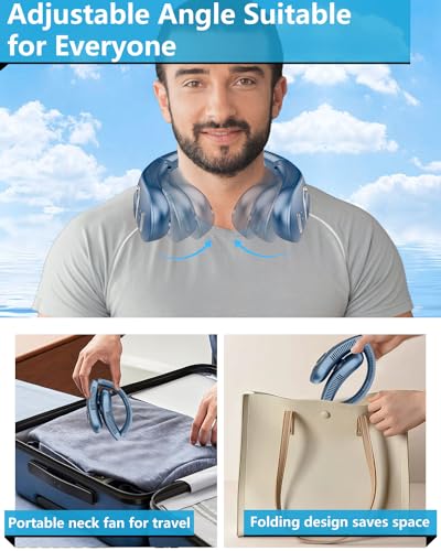 Image of Personal Neck Fans Mister with Water Spray, 4000mAh 4-9H Lasting, Mini Foldable Leafless AC for Neck Face Shoulder, LED Cordless Hanging Wearable Headphone Fan for Kid Adult Worker Hot Weather, Blue