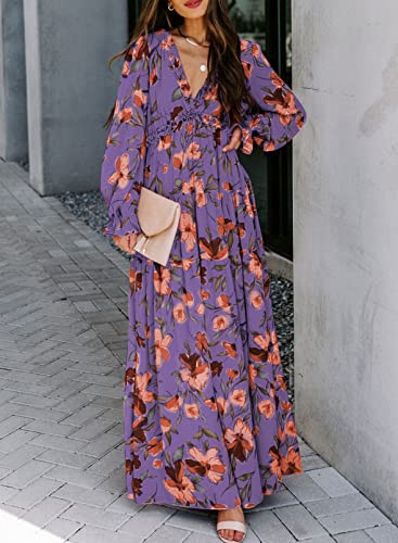 Image of BLENCOT Womens Casual Boho Floral Printed V Neck Long Sleeve Long Maxi Dress Spring Summer Dresses