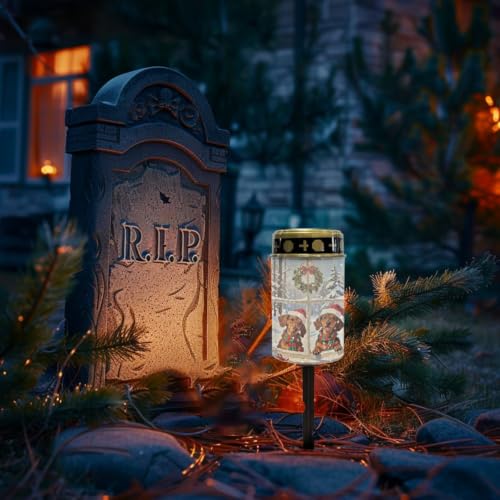 Image of Christmas Dachshund Puppies Cemetery Solar Lights, 2 Pack | Xmas solar power outdoor candle, waterproof solar cemetery decorations for grave, cozy Christmas memorial gift