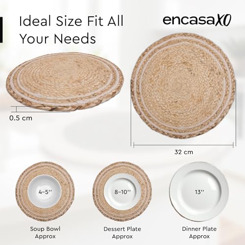 Image of Encasa XO Dining Table Mats Set of 6 | Jute Round Placemat - 32 cm Diameter | Off White & Jute Natural Bleach Color | Handmade Style Chargers for Dinner Plates