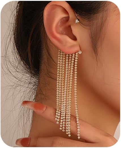 2PCS Glitter Rhinestone Long Tassels Dangle Ear Cuff Vintage Non-Piercing Fake Earrings Bridal Wedding Climber Ear Wrap Prom Ball Jewelry for Women Girls