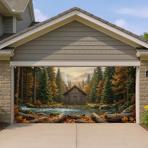 Housse de porte de garage forêt d'automne paysage cabane 397x180 cm