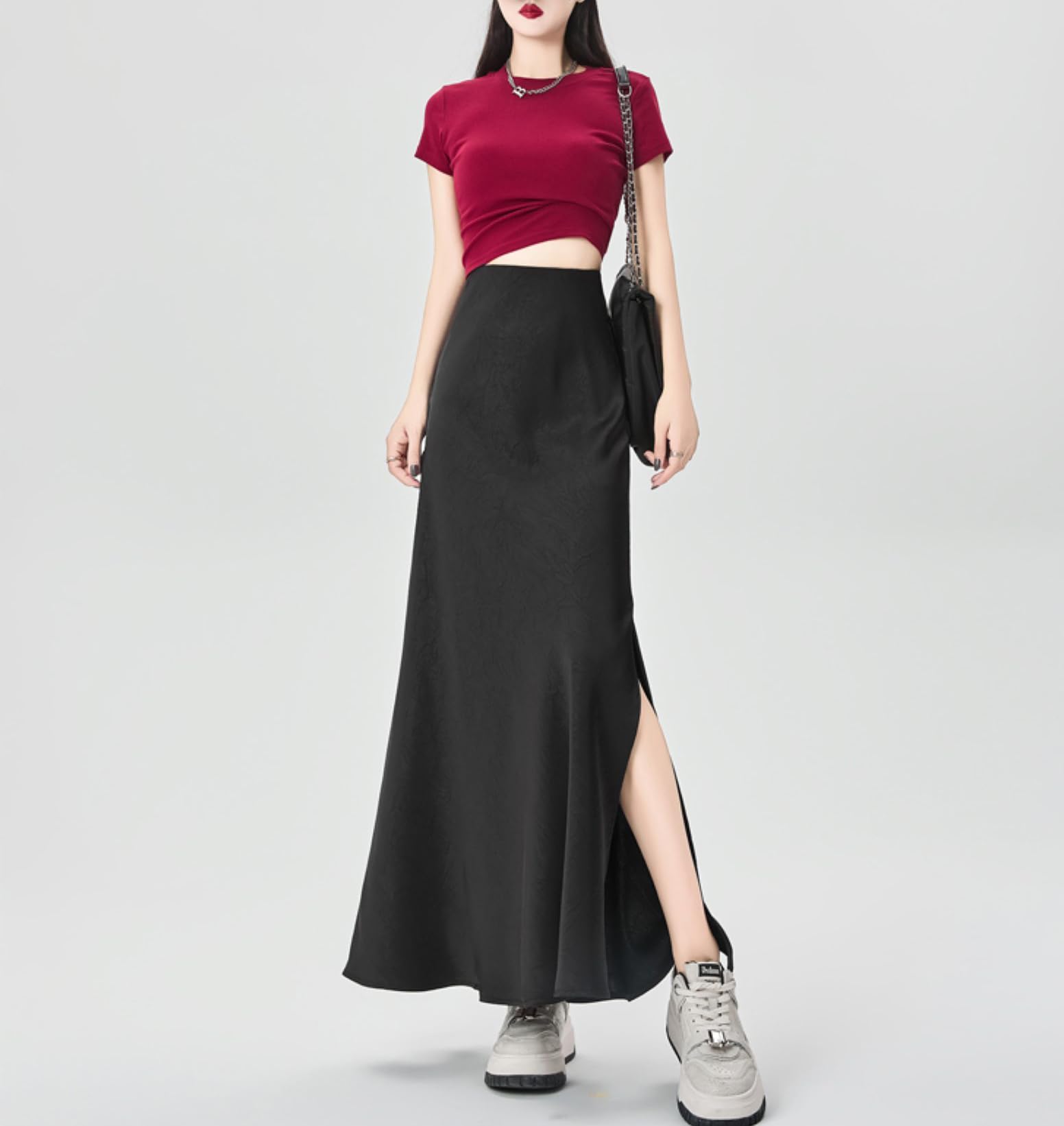 Jupe Longue Fendue Latérale Pour Femmes Taille Élastique Coupe Ajustée Hanche Léger Décontracté Ourlet Fluide Satin Jupes Trapèze
