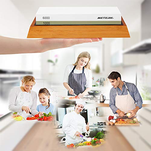 Sharpening Stone, Meterk Premium Whetstone Dual Side Grit 1000/6000 Knife Sharpener Stone with Non-slip Bamboo Base, Flattening Stone & Angle Guide, Sharpening Stone Set for Home & Kitchen