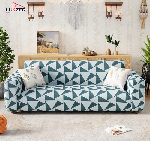 Image of Lukzer 3 Seater Grey & White Triangle Universal Sofa Cover | 360 Fully Covered Anti-Slip Washable Couch Cover Protecter | 140 GSM Stretch Fit Polyester + Spandex Slipcover (180-230cm /SC-037-03)