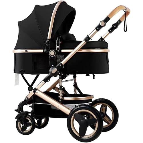 Luxury Baby Stroller 2 in 1 with Bassinet Mode Foldable Infant Stroller High Landscape Reversible Stroller Travel Pram Baby Carriage (Black)