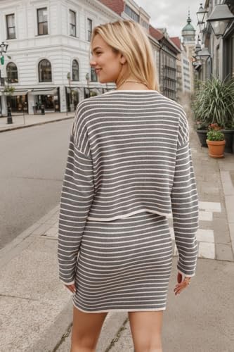 Image of Sumleno Womens 2 Piece Striped Sweater Skirt Sets Trendy Button Down Long Sleeve Knit Cardigan Tops Bodycon Mini Skirt Set