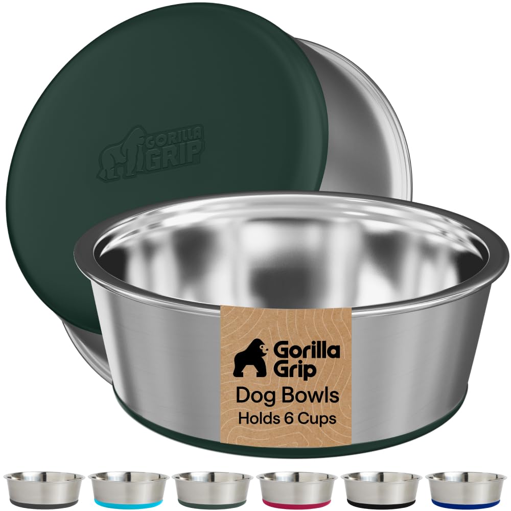 GORILLA GRIP Dog Bowls, Food Grade Stainless Steel, Set of 2, 6 Cup, Green