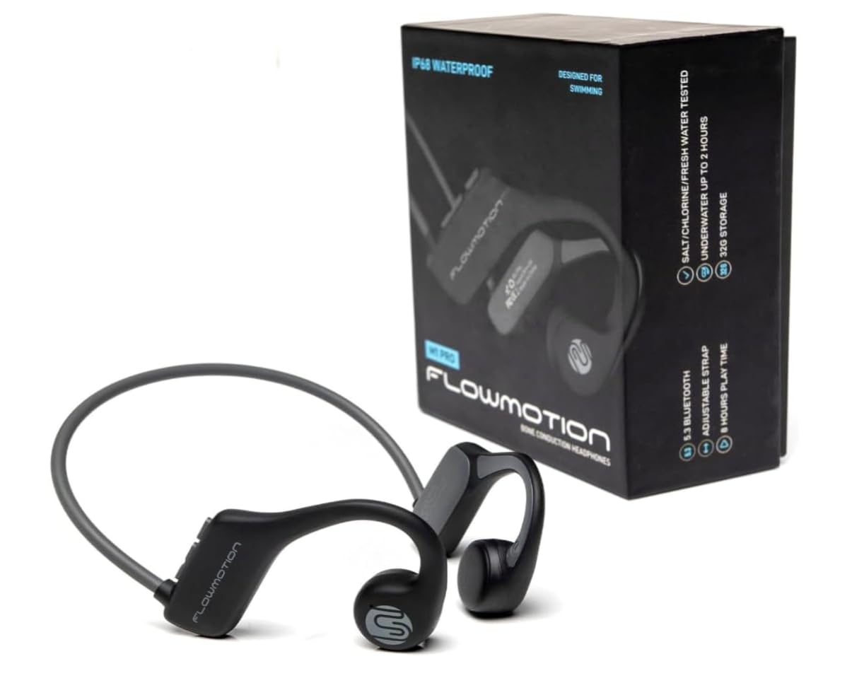FlowMotion M1 Pro Casque de natation étanche avec Bluetooth pour le sport, le fitness, la course à pied, conduction osseuse sous-marine, sans fil avec adaptateur USB-C et sangle réglable