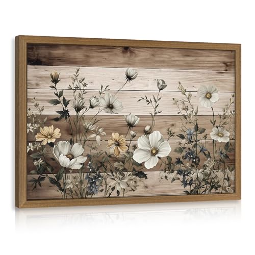Clicyre Vintage Wildflower Wall Decor, Farmhouse Floral Wall Art, Rustic Flower Canvas Print, White Daisy Artwork for Bathroom Living Room Bedroom Kitchen Wood Framed 12x16 Inch