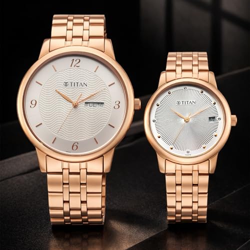 Image of Titan Bandhan Eternal Pair Analog with Date and Silver Dial Rose Gold Stainless Steel Strap Watch for Couples - 19672967WM01