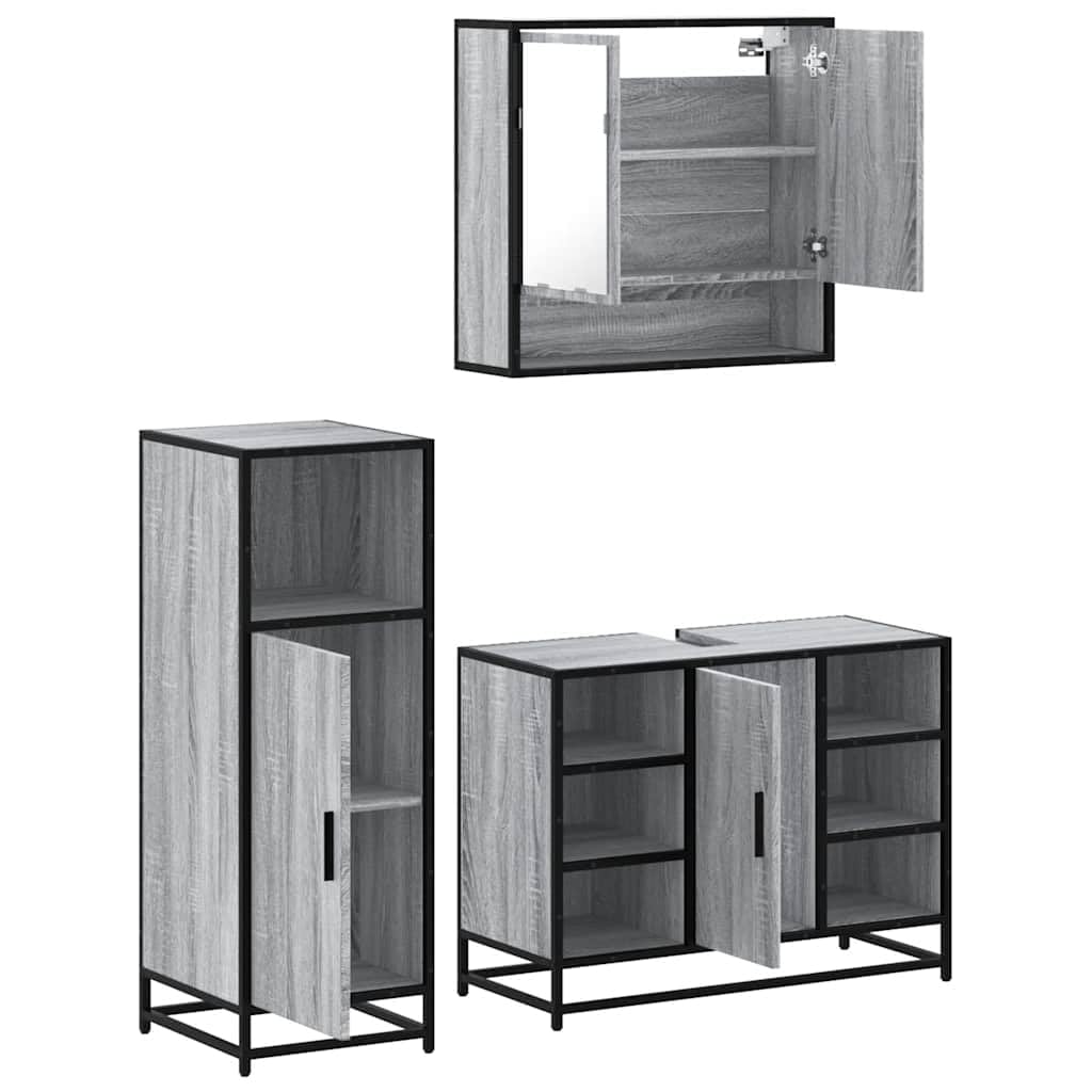 3-TLG. Badmöbel-Set Holzwerkstoff Grau Sonoma Metallrahmen