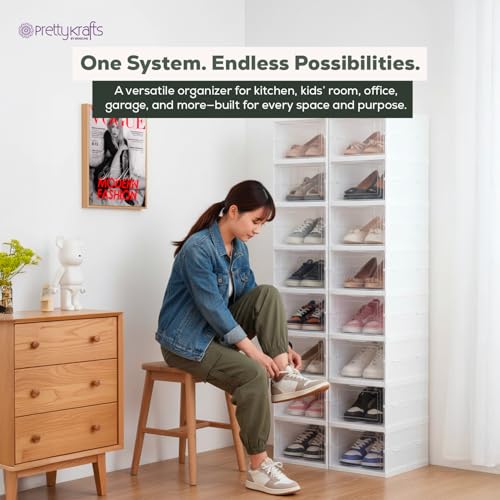 Image of PrettyKrafts 6-Tier Collapsible Shoe Rack with Door | Heavy Duty Plastic Sneaker Crates | Transparent Shoe Boxes | Sneaker Shoe Stand | Organiser for Heels, Boots, Loafers, Slippers (26 x35 x 90 cm)
