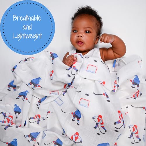 Image of LollyBanks Swaddle Blanket 100% Muslin Cotton, 47 x 47 inches Soft Breathable Muslin Baby Swaddles for Boys, Baby Essentials, Registry and Gift (Ice Hockey Print), Pass, Shoot, Score
