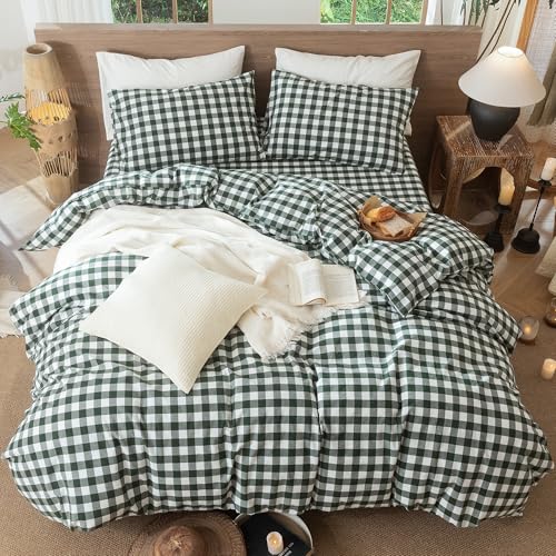 Image of MooMee Gingham Duvet Cover Set 100% Washed Cotton Linen Like Textured Breathable Durable Soft Comfy Modern Checkered Design (Buffalo Plaid Forest Green, Palatial King /Oversized King 120 inchx98 inch)