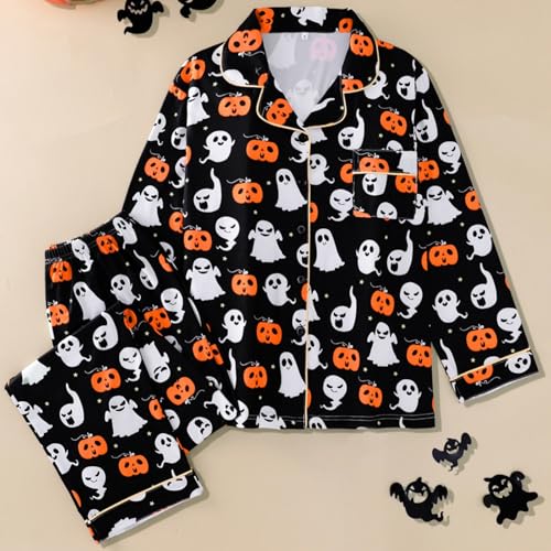 Halloween Pjs Women,Halloween Pajamas Women Cute Satin Ghost Pumpkin Print Button Pjs Sets *Black Small - image 2