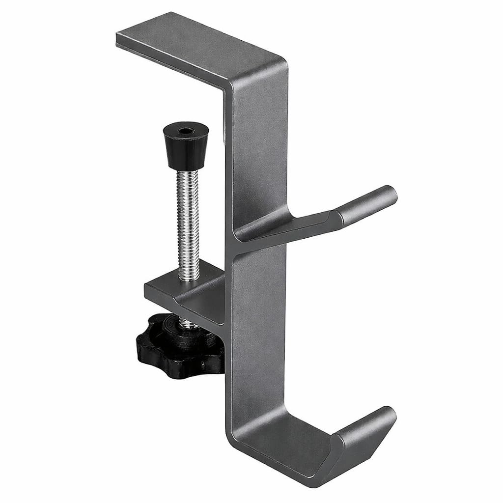 Techzere Heavy Duty Desk Clamp Hook Stand Holder Aluminium Alloy | No-Drill Under Table Hanging Organizer for Headphone Bag Bottle Umbrella Cup Purse (Grey)