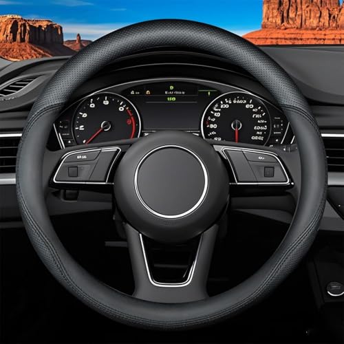 NUOMAN ハンドルカバー ブラック レザー ブラック二重縫合糸 車用 ステアリングカバー 軽自動車 汎用ファッション通気性良好滑り止め全シーズン普通車36.5~38cm