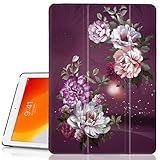 Hocase iPad 7th Generation Case, iPad 10.2 2019 Case, PU/Synthetic Leather Smart Flip Cover Case with Unique Flower Design, Auto Sleep/Wake Feature, Microfiber Lining Hard Back - Burgundy Flowers