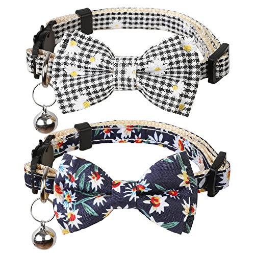 Image of Cat Collar Breakaway with Bells,Cute Cat Bow Tie,2 Pack Safety Plaid& Flower Kitten Collar for Girl Boy Male Cats(Dark Blue & Black Plaid /Flower)