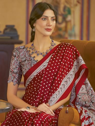 Image of SAREE MALL Women's Ajrkh Print Satin Crepe Polka Dot Printed Saree With Unstitched Blouse Piece