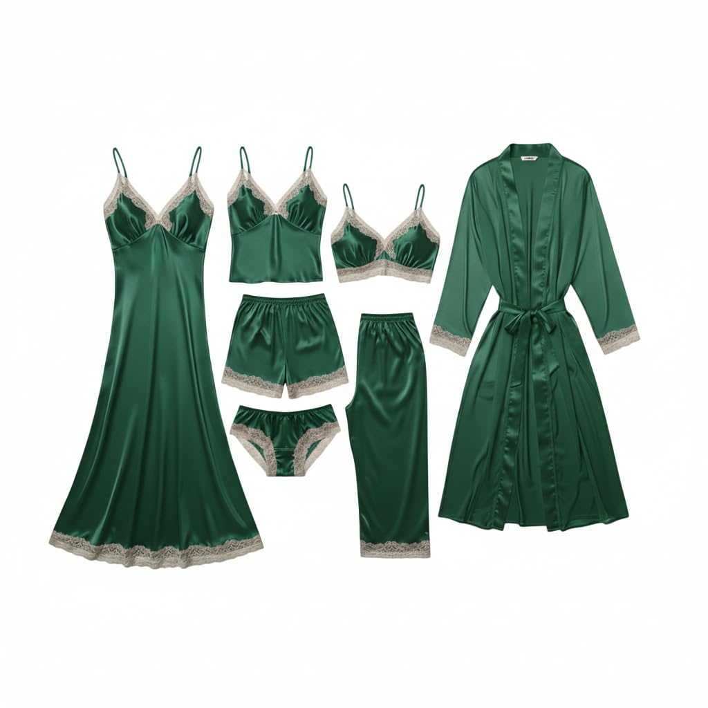 e - ezra Valentine's Day Fancy Night Suit Bath Robe Dress & Bra Panty Set Combo for Women's Pack of 7 Pcs Nightwear Lingerie Silk Wedding Gifts Lace Nightsuit Set Green Dress (Free Size)-picture-37