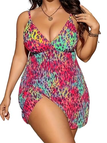 Women's Tummy Control Plus Size Tank Tankini Bathing Suits 2Pcs Leopard Swimuits V Neck Swimdress with Bikini Bottom