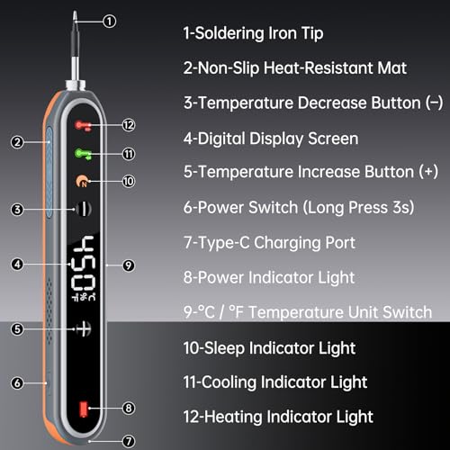 Image of Cordless Soldering Iron Kit, 8s Fast Heat-Up, 1400mAh Rechargeable Battery, Type-C Charging, Adjustable Temp 180~450 ℃, 3 Replaceable Tips, Wireless Soldering Pen for DIY Electronics Repair (Orange)