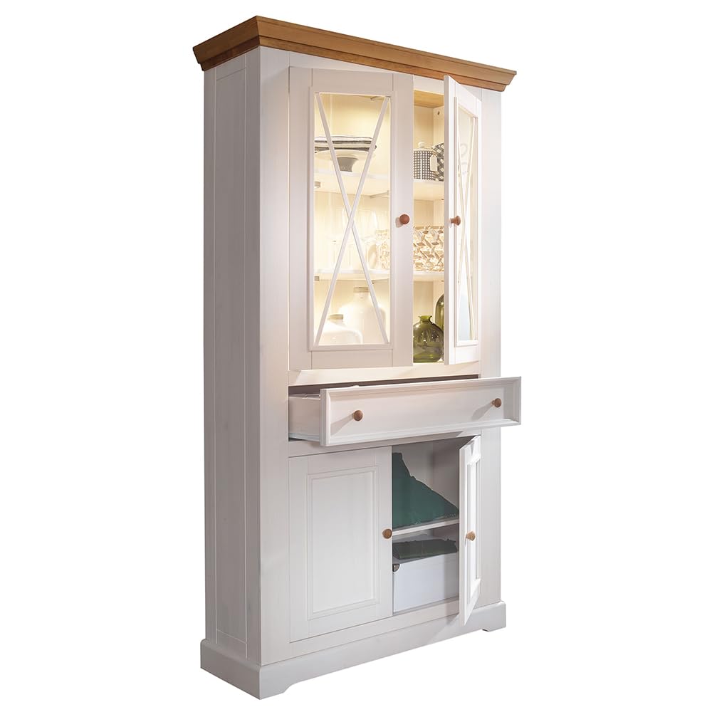 Lomadox Wohnwand TV-Wand Kiefer weiß Eiche 4-teilig Landhausstil, 1 Vitrine, 1 Vitrinenschrank, 1 Lowboard, 1 Wandboard