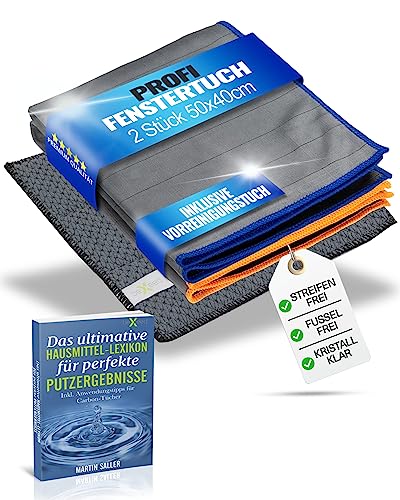 BEXEED® XXL Fenstertücher [2 Stück] 400GSM inklusive Vorreinigungstuch | Carbon-Mikrofaser Fenstertücher für 100% streifenfreie Fenster | Fenstertuch streifenfrei für strahlende Sauberkeit | 50x40cm